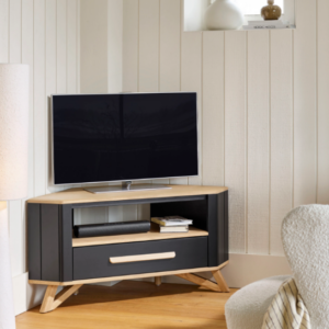 Meuble TV d’angle ALVA 1 tiroir 1 niche en chêne massif bicolore – meuble TV à Valognes