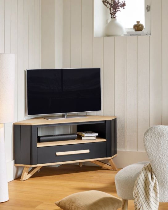 Meuble TV d’angle ALVA 1 tiroir 1 niche en chêne massif bicolore – meuble TV à Valognes