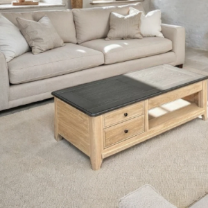 Table basse dînette VAUBAN en chêne massif avec plateau relevable et rangements – table basse à Valognes