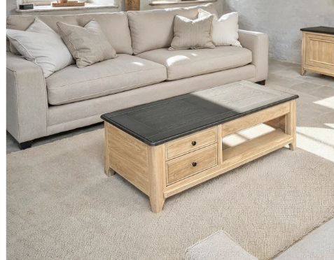 Table basse dînette VAUBAN en chêne massif avec plateau relevable et rangements – table basse à Valognes