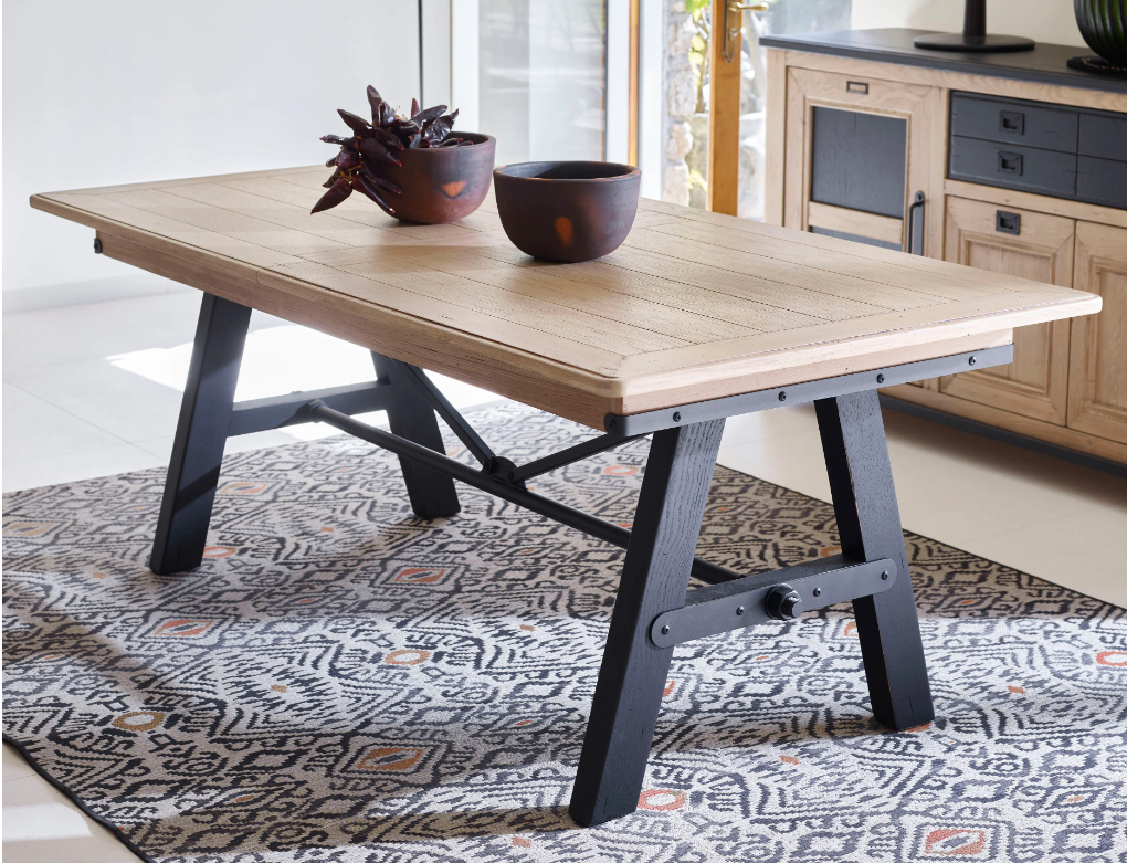 Table INDUS extensible en chêne et métal noir avec allonge portefeuille – table à Valognes
