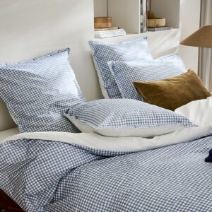 Housse de couette Essix Mini Vichy Céleste en percale de coton bleu grisé – linge de lit à Valognes