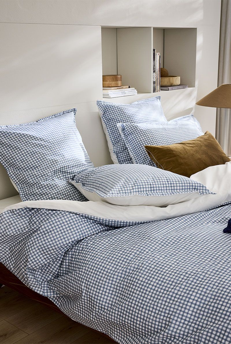 Housse de couette Essix Mini Vichy Céleste en percale de coton bleu grisé – linge de lit à Valognes