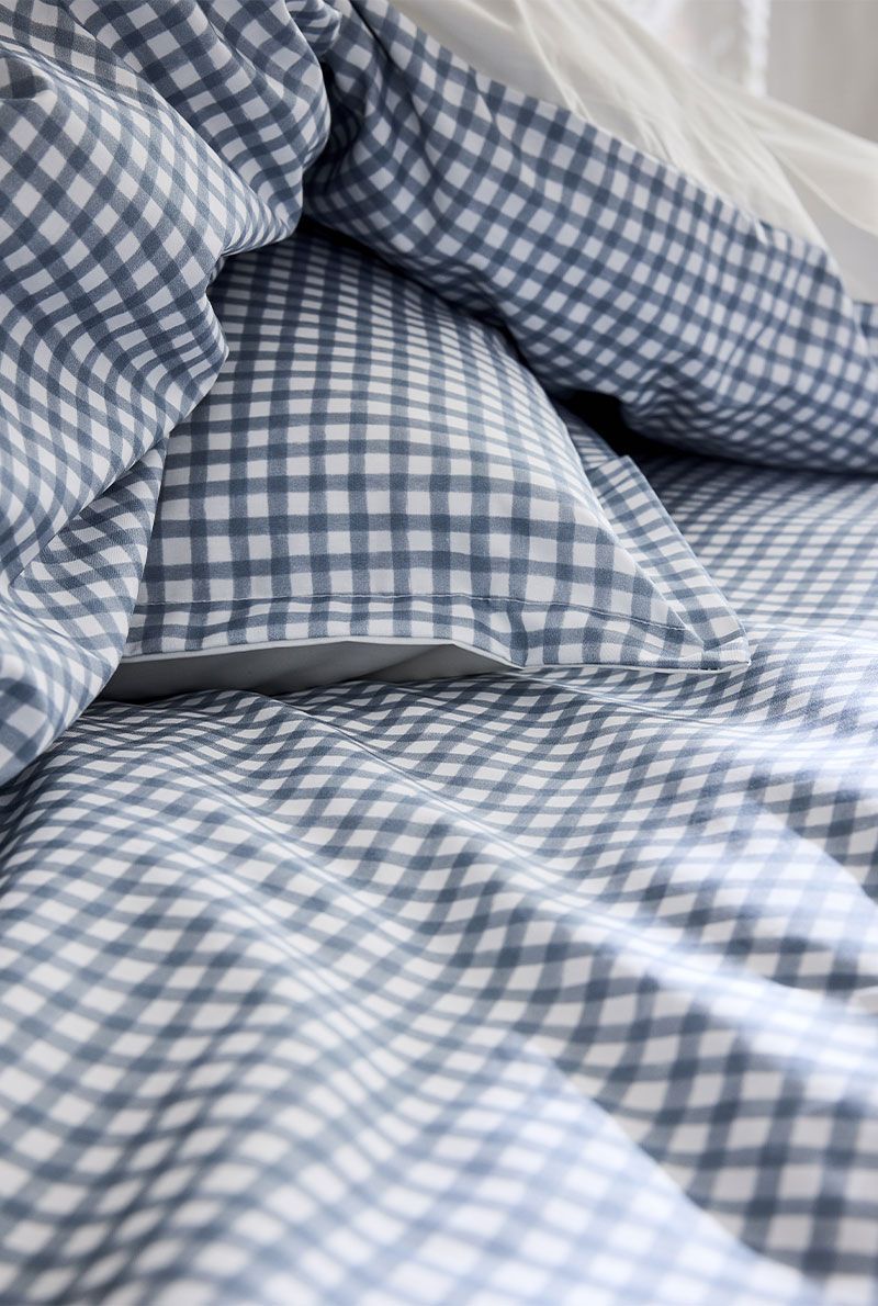 Housse de couette Essix Mini Vichy Céleste en percale de coton bleu grisé – linge de lit à Valognes
